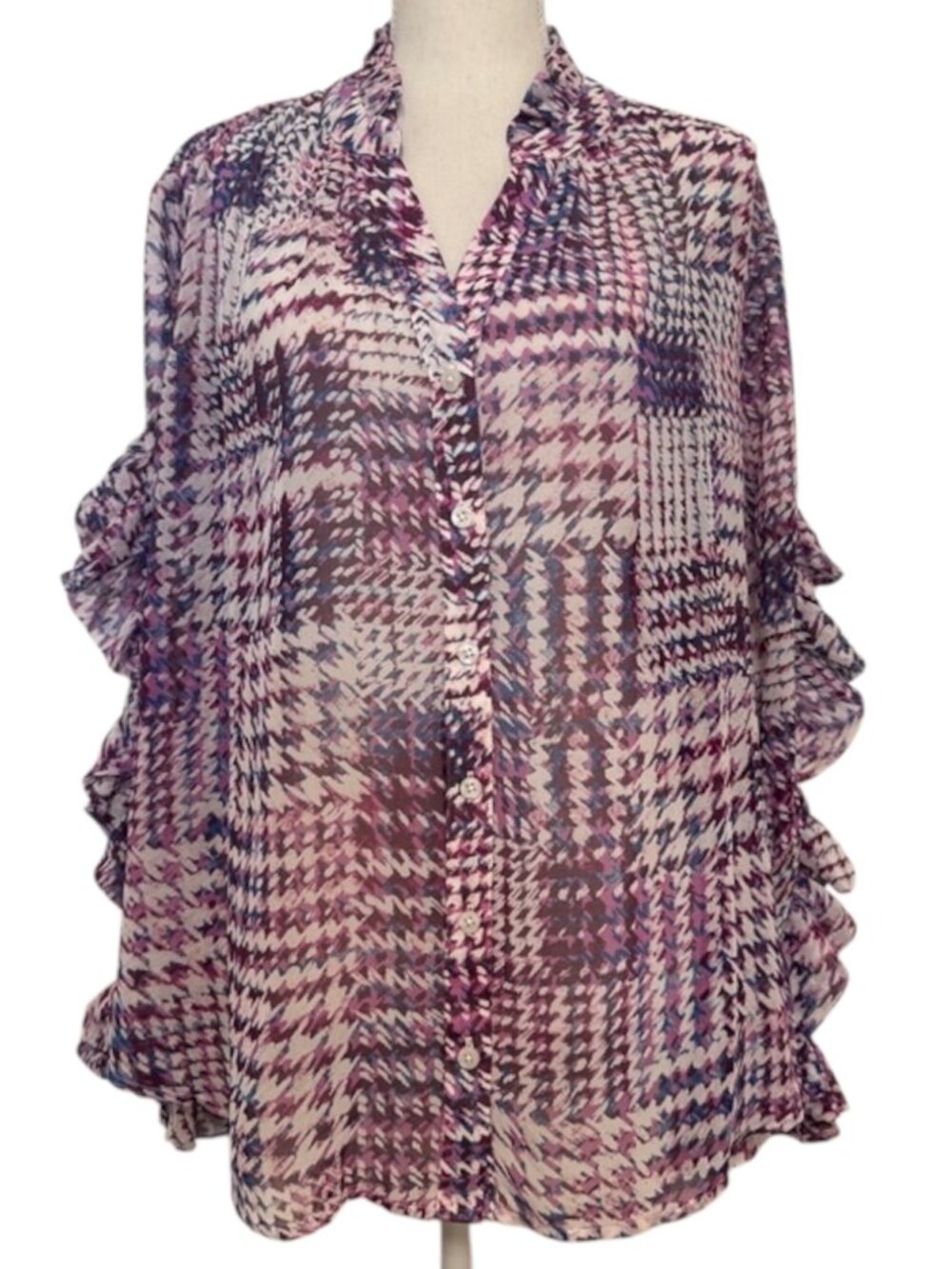 Chicos Gingham-Print Georgette Blouse Ruffle Sleeve Women's Size 16 Purple